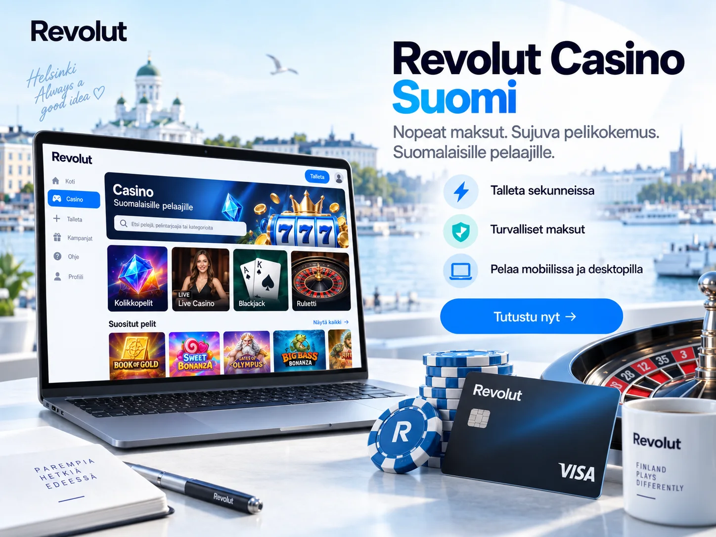 Revolut Casino Suomi -kuvitus: nopeat maksut laptopilla ja Helsinki.