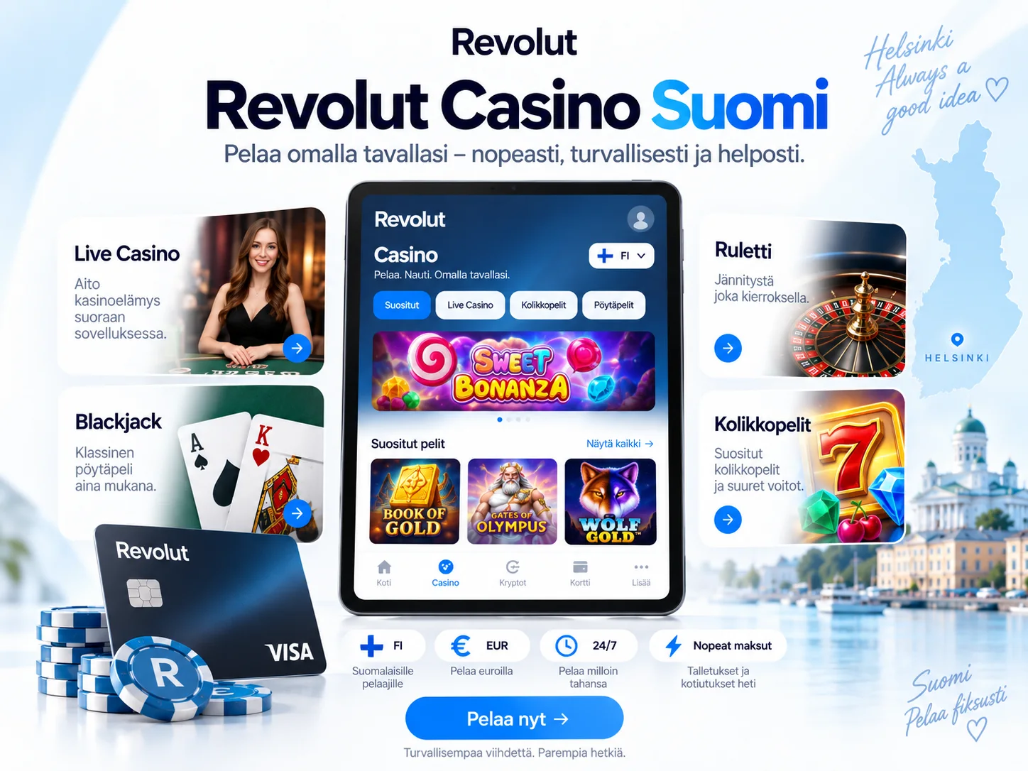 Revolut Casino Suomi -kuvitus: pelivalikoima tabletilla.